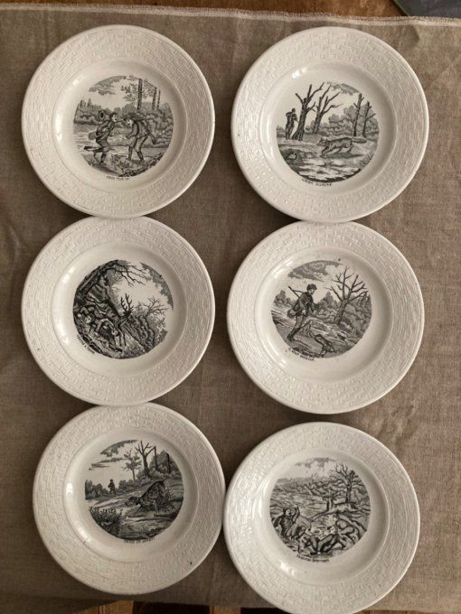 six assiettes St Amand les eaux. Thème de la chasse. VENDU 